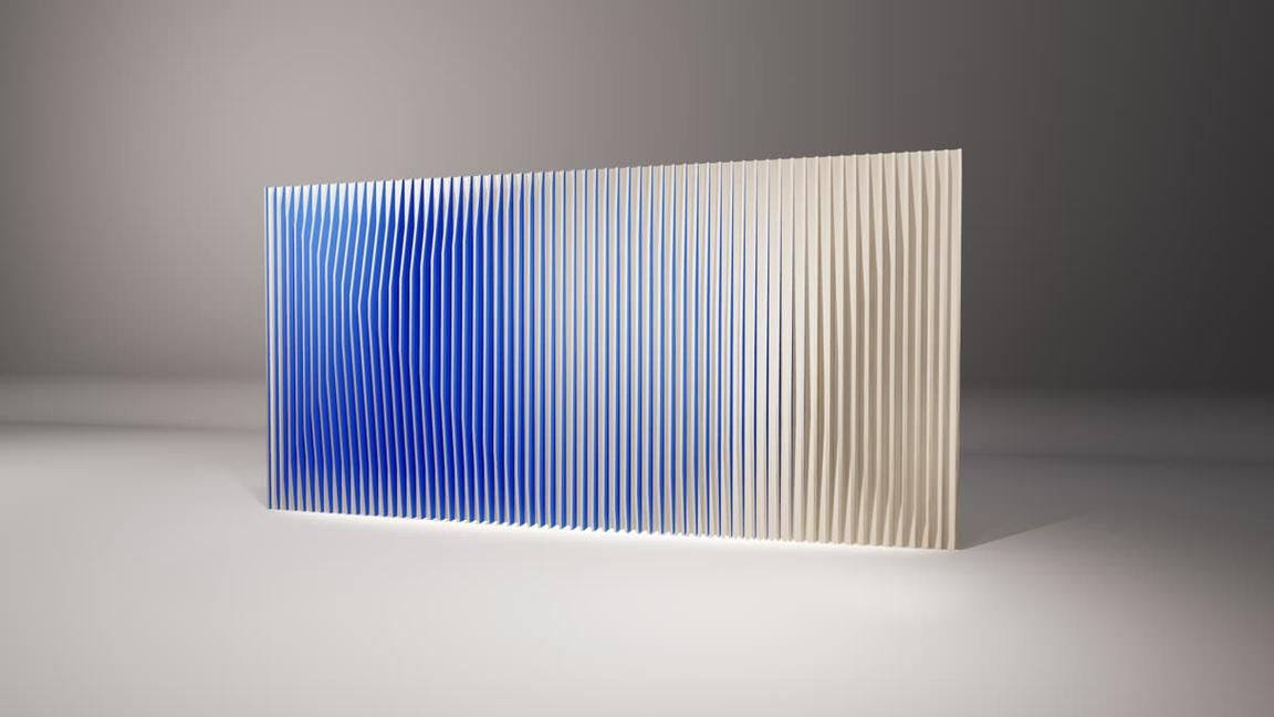 Close view of a fluted acoustic panel in blue and cream