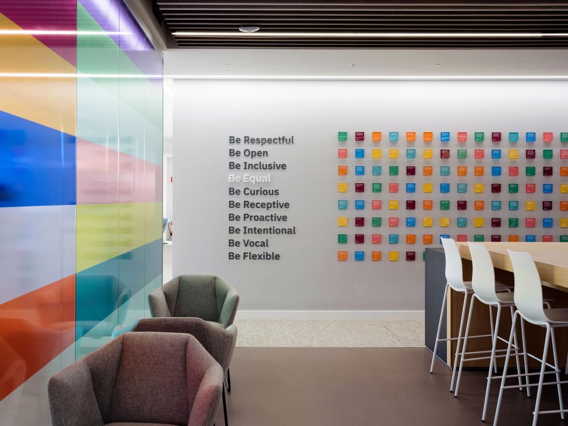 Breakout space with armchairs, a bar-height counter and a coloured glass partition